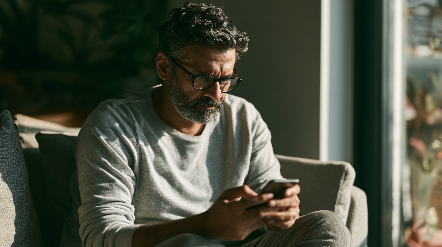 Worried Indian man at home looking at a suspicious message on his smartphone