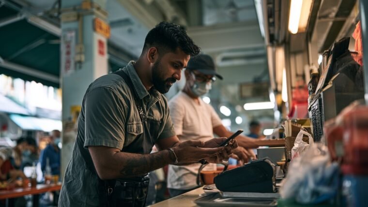 Indian tourist paying with smartphone QR scan at a Singapore hawker centre food stall