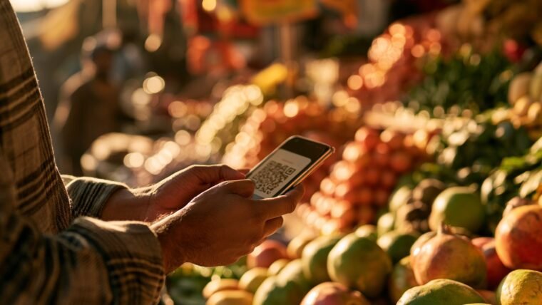 Person scanning a UPI QR code with smartphone at an Indian street market fruit stall