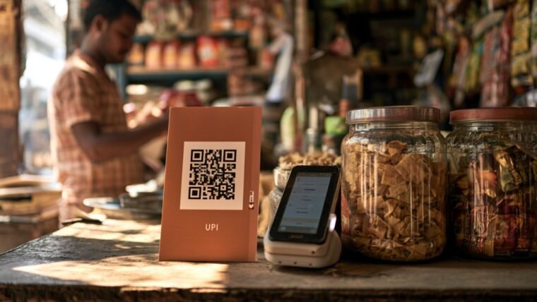 UPI QR code standee and payment soundbox on an Indian kirana shop counter
