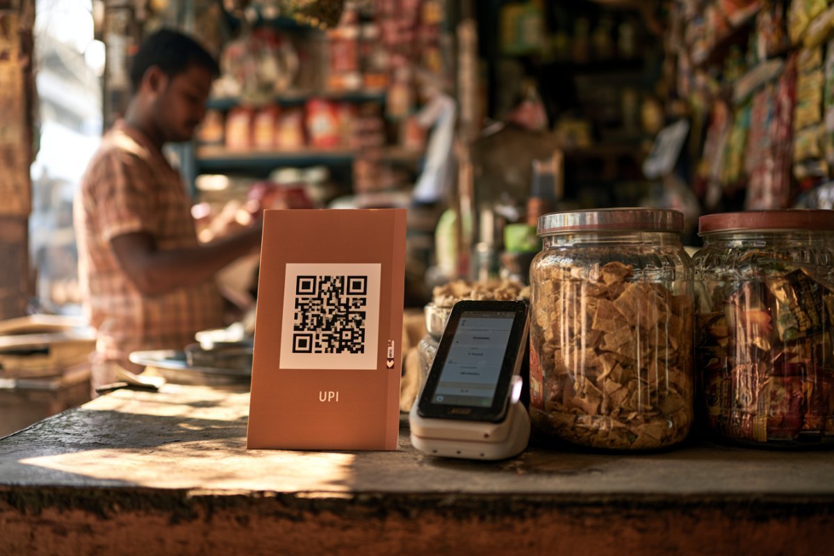 UPI QR code standee and payment soundbox on an Indian kirana shop counter