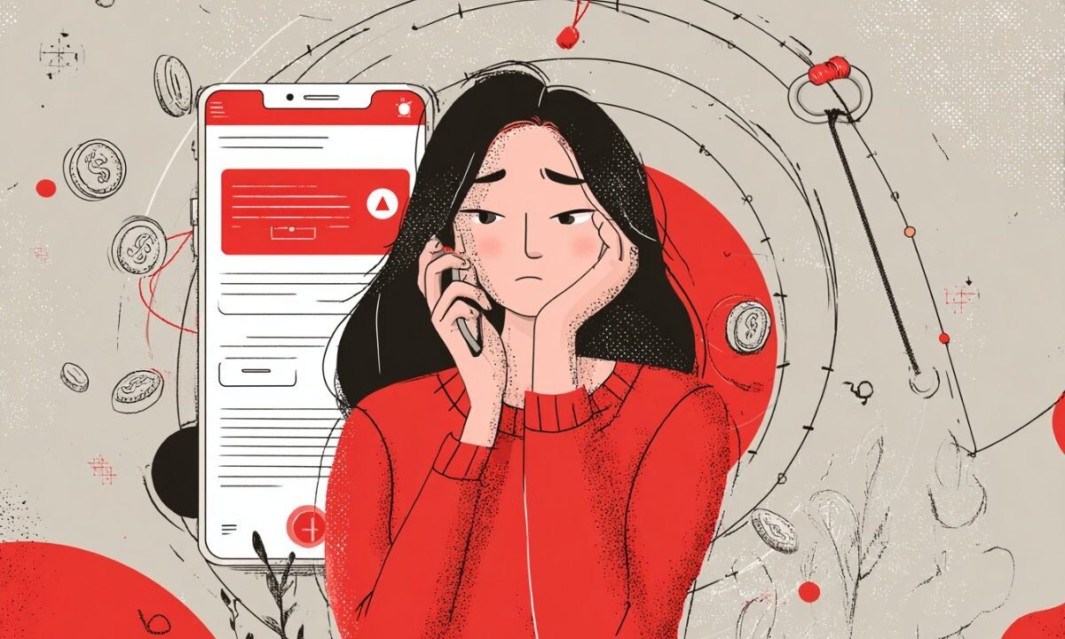 Worried person receiving a suspicious scam phone call with red warning alerts on smartphone