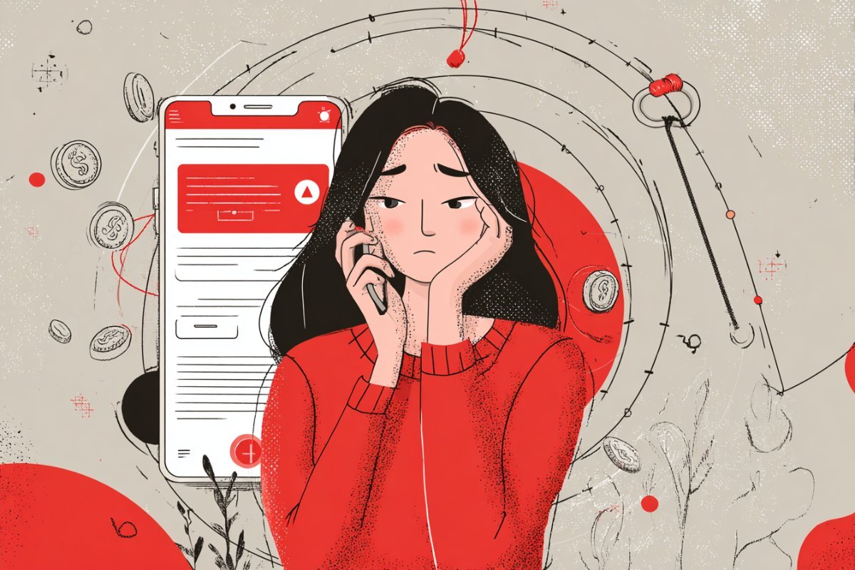 Worried person receiving a suspicious scam phone call with red warning alerts on smartphone