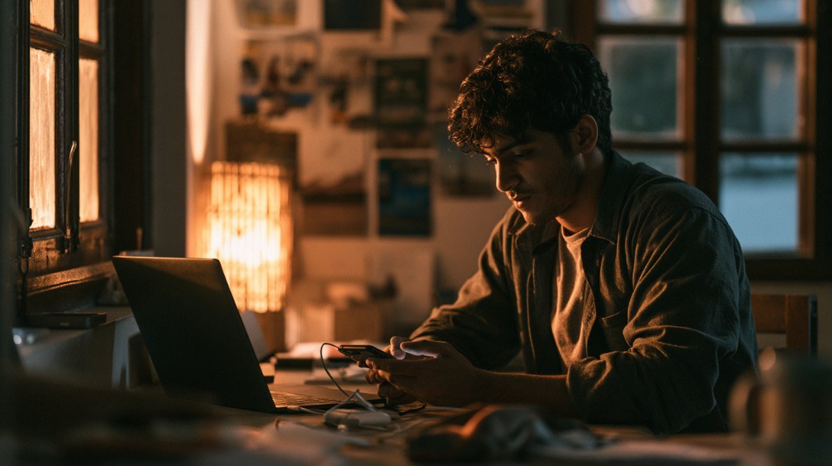 Man at a desk restoring data on a smartphone plugged into a charger
