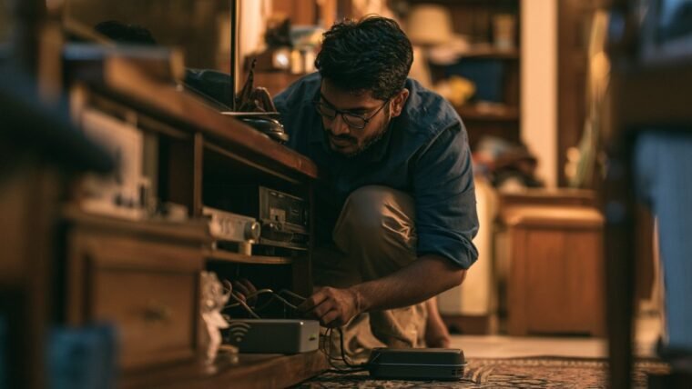 Man crouching behind a television unit connecting a cable to a Wi-Fi router